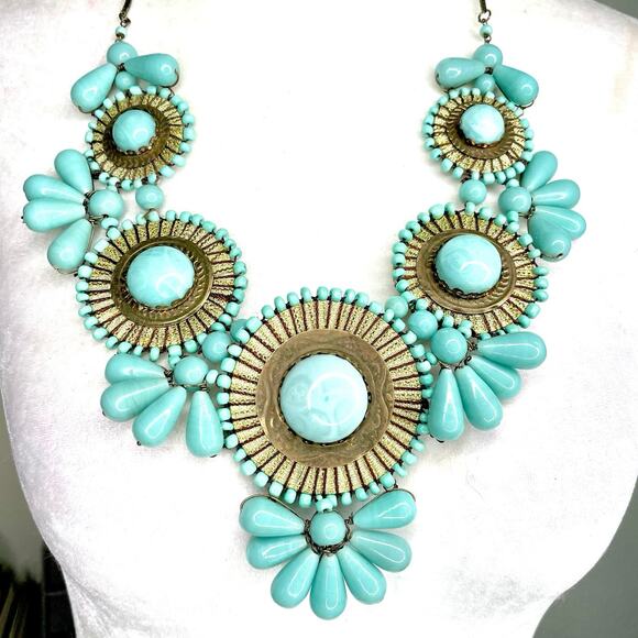 Unbranded Jewelry - Large Statement Bib Light Blue Gold Tone Necklace